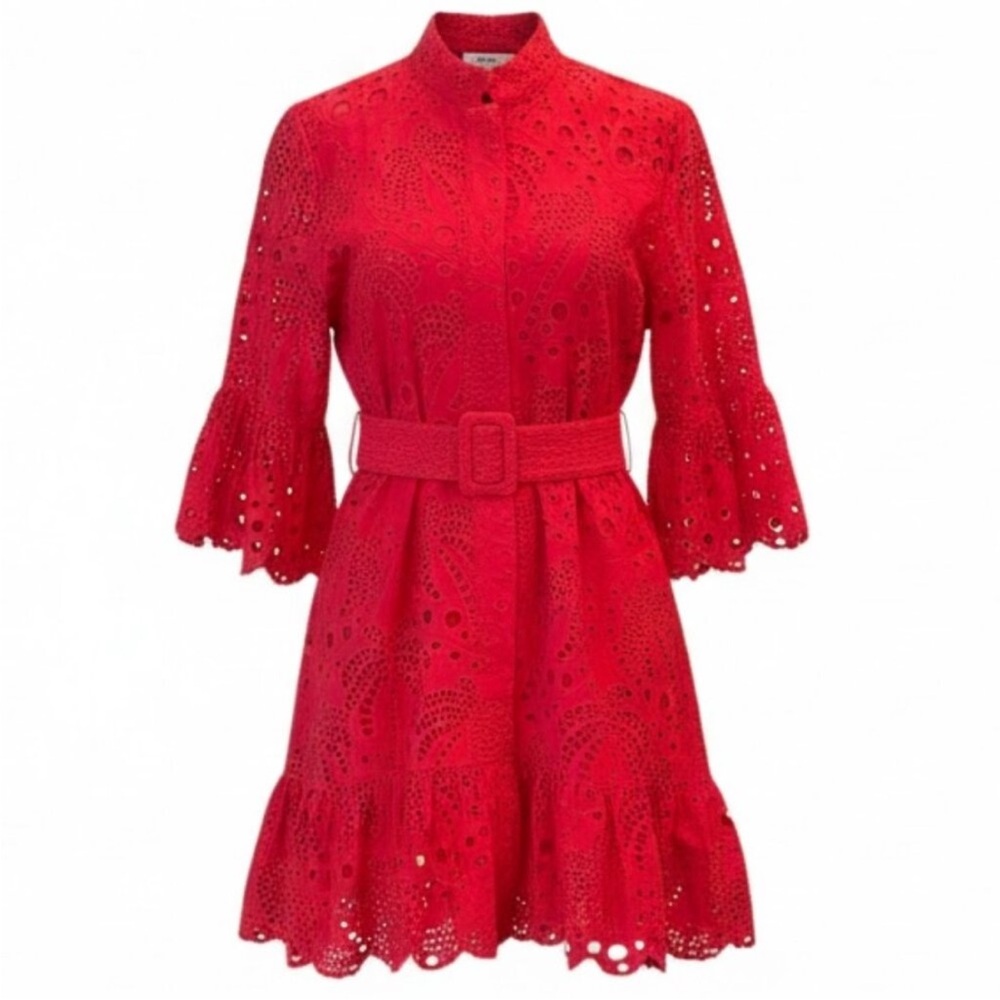 Farm Rio Red Palm Tree Mini Dress Eyelet Belted Size L NWT - Picture 3 of 15